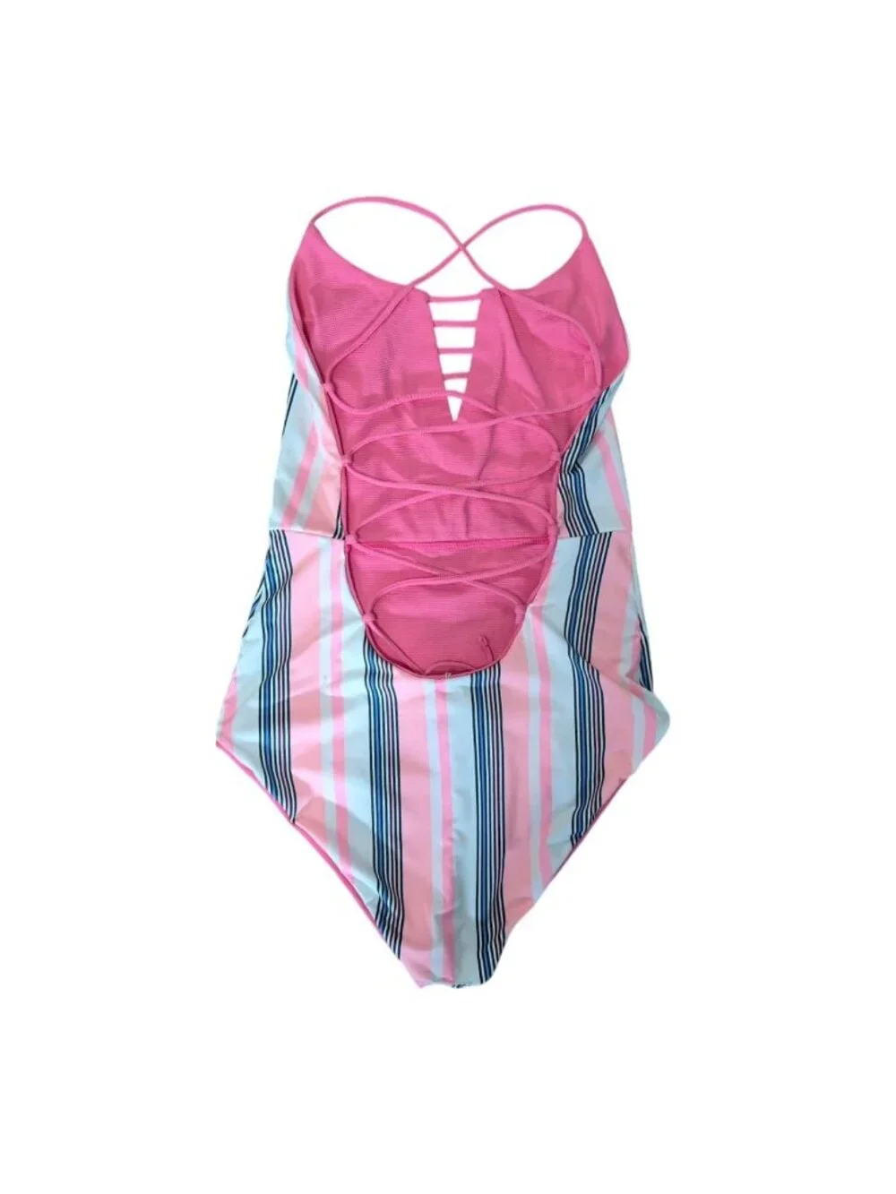 Maa39ji One Piece Swimsuit Size L Pink Striped Crisscross Back Textured